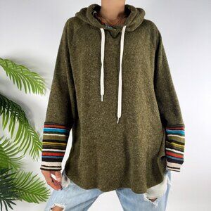 Womens Green Striped Granola Girl Boho Fairy Grunge Hooded Pullover Sweater / 2X